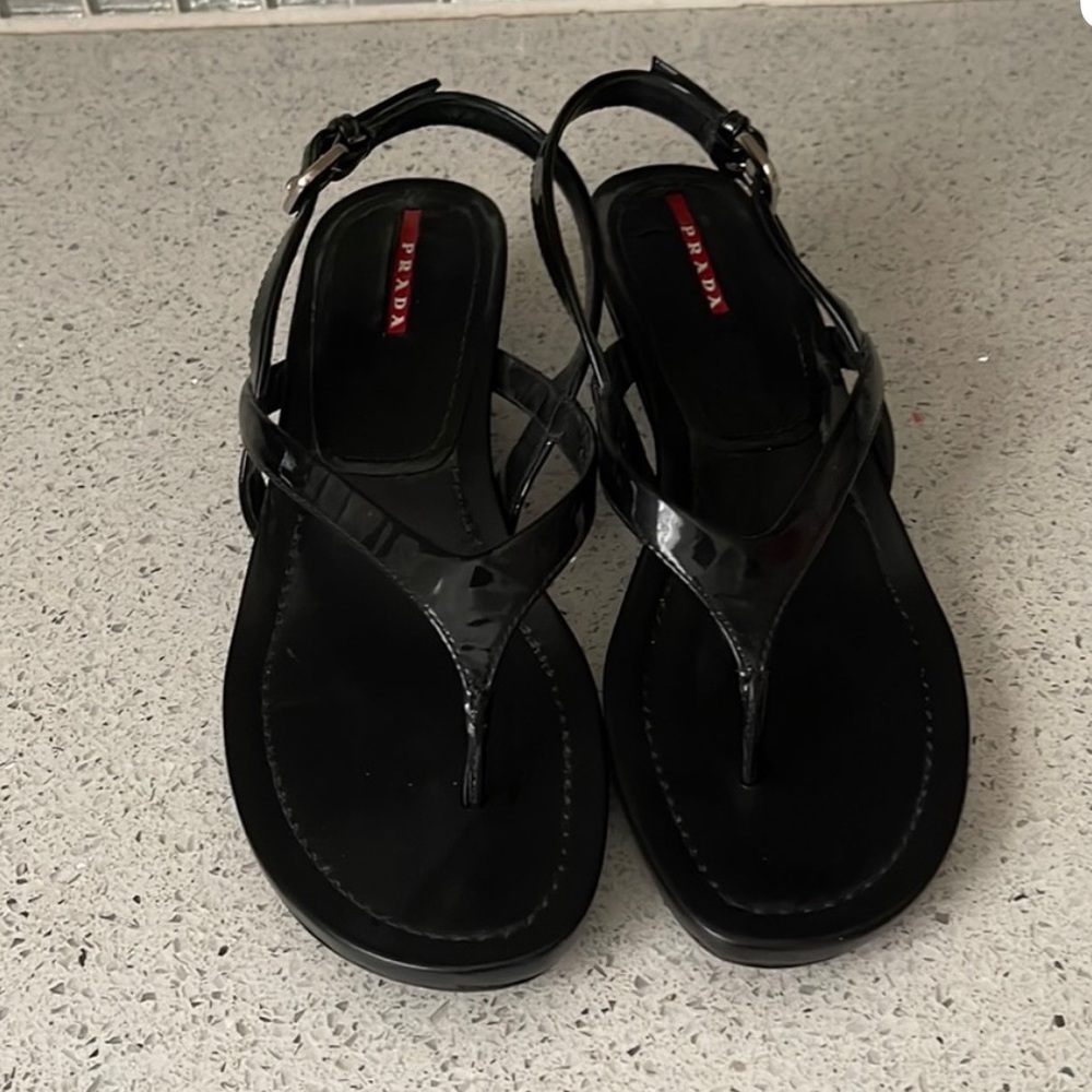 Prada Black Patent Leather Slingback Thong Sandals